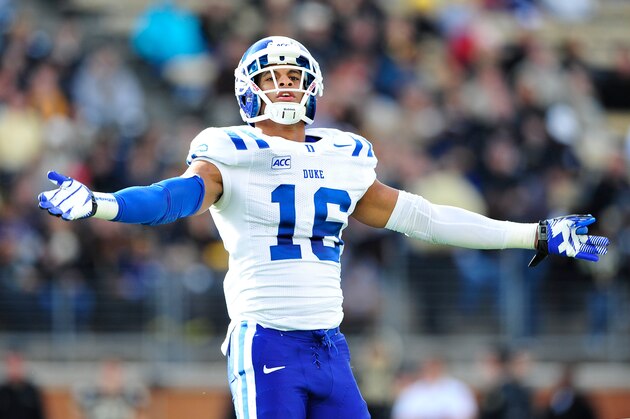 WINSTON SALEM, NC - NOVEMBER 23:  Jeremy Cash #16 of the Duke Blue Devils tells the fans to get loud during play against the Wake Forest Demon Deacons at BB&T Field on November 23, 2013 in Winston Salem, North Carolina. Duke won 28-21.  (Photo by Grant Halverson/Getty Images)