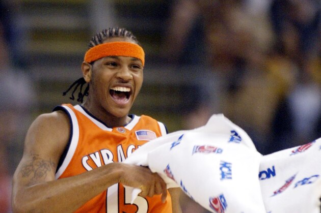Syracuse's Anthony Carmelo celebrates during the first half against Kansas during the NCAA men's final Monday, April 7, 2003 in New Orleans. (AP Photo/Michael Conroy)
