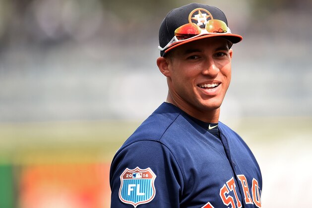 CLEARWATER, FL - MARCH 03:  George Springer #4 of the Houston Astros participates in warmups prior to a spring training game against the Philadelphia Phillies at Bright House Field on March 3, 2016 in Clearwater, Florida.  (Photo by Stacy Revere/Getty Images)