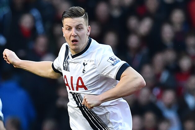 Tottenham Hotspur's Austrian defender Kevin Wimmer (L) vies with Bournemouth's Norwegian striker Joshua King during the English Premier League football match between Tottenham Hotspur and Bournemouth at White Hart Lane in London, on March 20, 2016. / AFP / BEN STANSALL / RESTRICTED TO EDITORIAL USE. No use with unauthorized audio, video, data, fixture lists, club/league logos or 'live' services. Online in-match use limited to 75 images, no video emulation. No use in betting, games or single club/league/player publications.  /         (Photo credit should read BEN STANSALL/AFP/Getty Images)