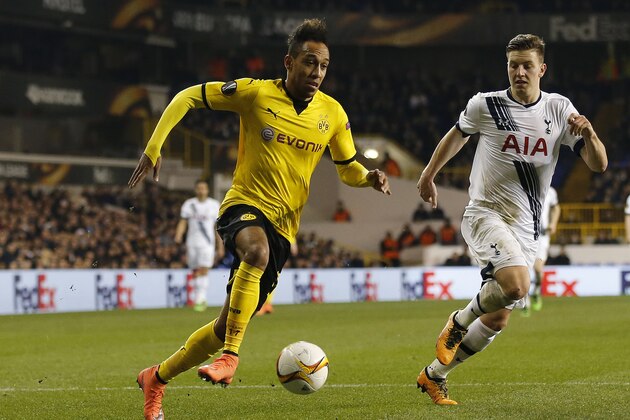 Dortmund's Pierre-Emerick Aubameyang during the Europa League round of 16 second leg soccer match between Tottenham Hotspur and Borussia Dortmund at the White Hart Lane stadium in London, England, Friday, March 18, 2016 . (AP Photo/Frank Augstein)