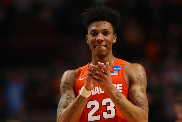 Mar 27, 2016; Chicago, IL, USA; Syracuse Orange guard Malachi Richardson (23) celebrates during the second half in the championship game of the midwest regional of the NCAA Tournament against the Virginia Cavaliers at the United Center. Mandatory Credit: Dennis Wierzbicki-USA TODAY Sports Mar 27, 2016; Chicago, IL, USA; Syracuse Orange guard Malachi Richardson (23) celebrates during the second half in the championship game of the midwest regional of the NCAA Tournament against the Virginia Cavaliers at the United Center. Mandatory Credit: Dennis Wierzbicki-USA TODAY Sports