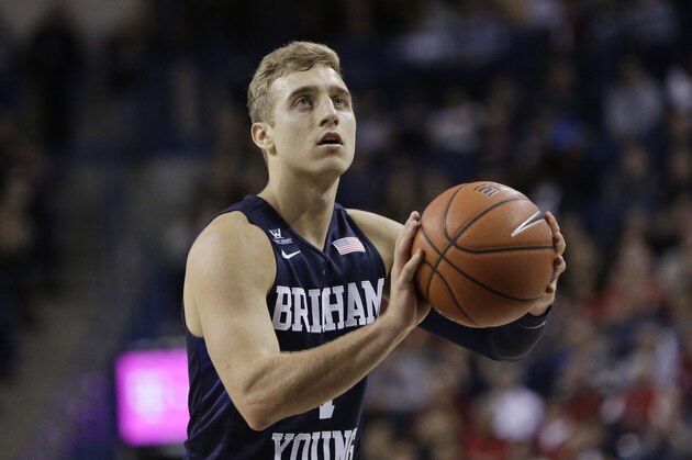 BYU's Chase Fischer shoots a free throw during the second half of an NCAA college basketball game against Gonzaga, Thursday, Jan. 14, 2016, in Spokane, Wash. (AP Photo/Young Kwak)
