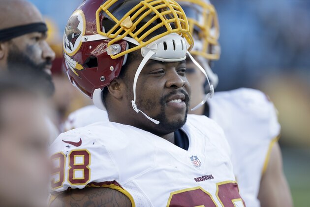 Washington Redskins' Terrance Knighton (98) on the sidelines during the second half of an NFL football game against the Carolina Panthers in Charlotte, N.C., Sunday, Nov. 22, 2015. The Panthers won 44-16. (AP Photo/Bob Leverone)