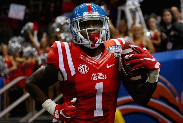 NEW ORLEANS, LA - JANUARY 01:  Laquon Treadwell #1 of the Mississippi Rebels celebrates his touchdown against the Oklahoma State Cowboys during the second quarter of the Allstate Sugar Bowl at Mercedes-Benz Superdome on January 1, 2016 in New Orleans, Louisiana.  (Photo by Chris Graythen/Getty Images)