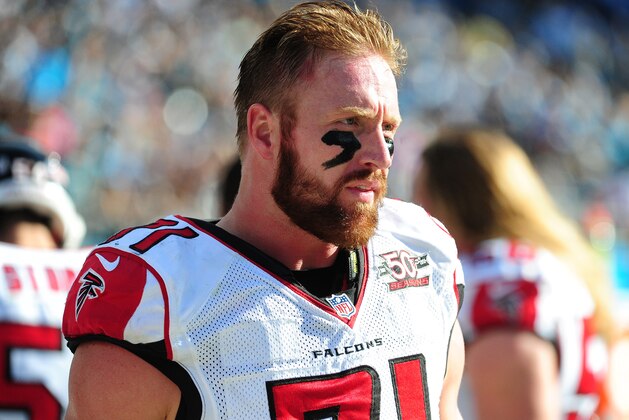 CHARLOTTE, NC - DECEMBER 13: Kroy Biermann #71 of the Atlanta Falcons watches the action against the Carolina Panthers at Bank Of America Stadium on December 13, 2015 in Charlotte, North Carolina. (Photo by Scott Cunningham/Getty Images) CHARLOTTE, NC - DECEMBER 13: Kroy Biermann #71 of the Atlanta Falcons watches the action against the Carolina Panthers at Bank Of America Stadium on December 13, 2015 in Charlotte, North Carolina. (Photo by Scott Cunningham/Getty Images)