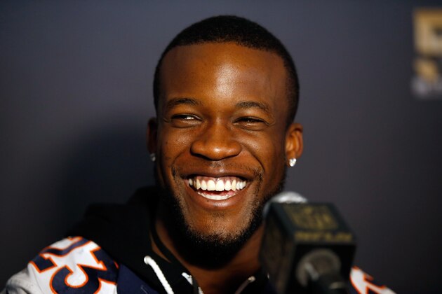 SANTA CLARA, CA - FEBRUARY 04:  Ronnie Hillman #23 of the Denver Broncos speaks to the media during the Broncos media availability for Super Bowl 50 at the Stanford Marriott on February 4, 2016 in Santa Clara, California. The Broncos will play the Carolina Panthers in Super Bowl 50 on February 7, 2016.  (Photo by Ezra Shaw/Getty Images)