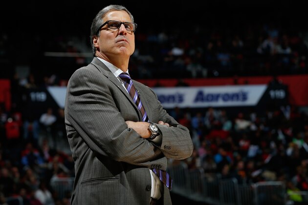ATLANTA, GA - MARCH 21:  Randy Wittman of the Washington Wizards looks on during the game against the Atlanta Hawks at Philips Arena on March 21, 2016 in Atlanta, Georgia.  NOTE TO USER User expressly acknowledges and agrees that, by downloading and or using this photograph, user is consenting to the terms and conditions of the Getty Images License Agreement.  (Photo by Kevin C. Cox/Getty Images)