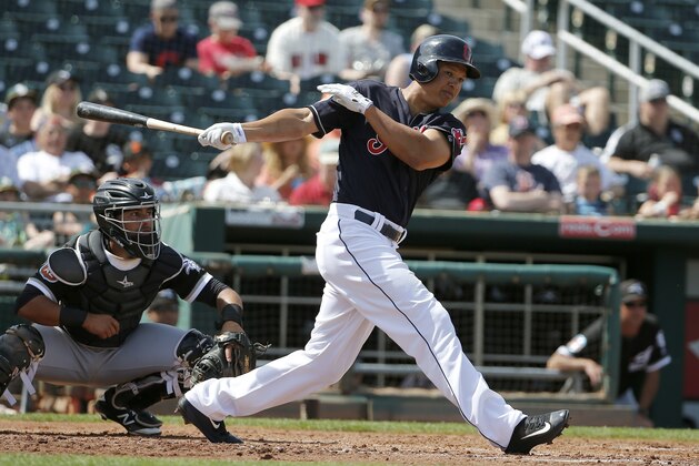 Cleveland Indians' Will Venable, right, hits a grounder as Chicago White Sox's Omar Narvaez, left, watches during the second inning of a spring training baseball game Monday, March 21, 2016, in Goodyear, Ariz. (AP Photo/Ross D. Franklin)