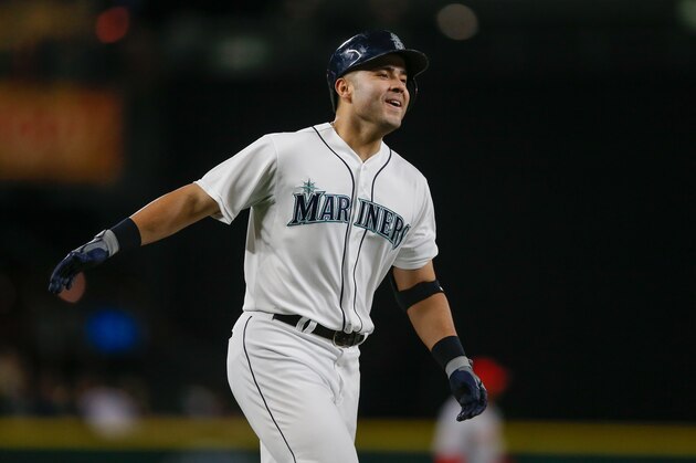 SEATTLE, WA - SEPTEMBER 16:  Jesus Montero #63 of the Seattle Mariners rounds the bases after hitting a three-run home run against the Los Angeles Angels of Anaheim in the fourth inning at Safeco Field on September 16, 2015 in Seattle, Washington.  (Photo by Otto Greule Jr/Getty Images)