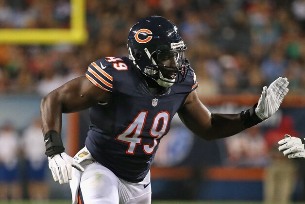 CHICAGO, IL - AUGUST 13: Sam Acho #49 of the Chicago Bears rushes against the Miami Dolphins
during a preseason game at Soldier Field on August 13, 2015 in Chicago, Illinois. The Bears defeated the Dolphins 27-10. (Photo by Jonathan Daniel/Getty Images) CHICAGO, IL - AUGUST 13: Sam Acho #49 of the Chicago Bears rushes against the Miami Dolphins
during a preseason game at Soldier Field on August 13, 2015 in Chicago, Illinois. The Bears defeated the Dolphins 27-10. (Photo by Jonathan Daniel/Getty Images)