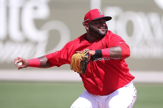 FORT MYERS, - MARCH 14: Pablo Sandoval #48 of the Boston Red Sox makes the throw to first on the ground ball from Jason Rogers (not in photo) of the Pittsburgh Pirates during the fourth inning of the Spring Training Game on March 14, 2016 at Jet Blue Park at Fenway South, Florida. The Pirates defeated the Red Sox 3-1. (Photo by Leon Halip/Getty Images)