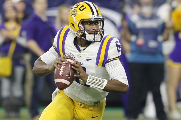 Dec 29, 2015; Houston, TX, USA; LSU Tigers quarterback Brandon Harris (6) scrambles against the Texas Tech Red Raiders in the second half at NRG Stadium. The Tigers won 56-27. Mandatory Credit: Thomas B. Shea-USA TODAY Sports