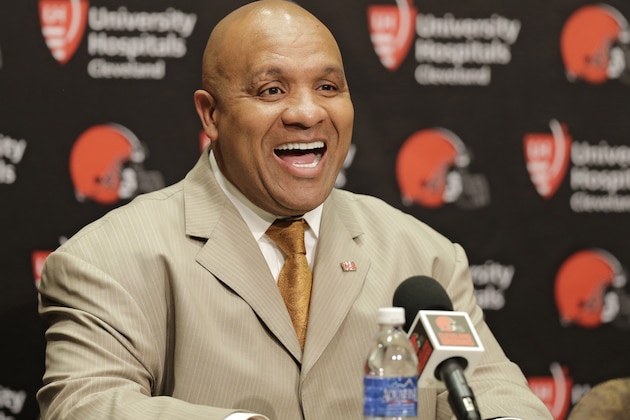 Cleveland Browns head coach Hue Jackson answers questions during a news conference, Wednesday, Jan. 13, 2016, in Berea, Ohio. Jackson has experience as a head coach, knows the AFC North and has fixed quarterbacks. Jackson, who waited four years for his second crack at leading an NFL team, has been hired as Cleveland's next coach, the struggling franchise's eighth since 1999 and sixth since 2008. (AP Photo/Tony Dejak)