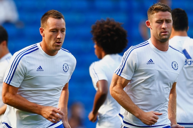LONDON, ENGLAND - AUGUST 08: John Terry and Gary Cahill of Chelsea warm up prior to  the Barclays Premier League match between Chelsea and Swansea City at Stamford Bridge on August 8, 2015 in London, England.  (Photo by Julian Finney/Getty Images)