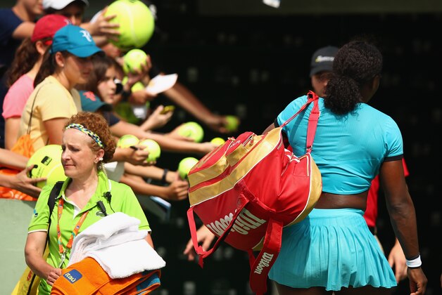 KEY BISCAYNE, FL - MARCH 28:  Serena Williams of the United States walks off court after her three set defeat against Svetlana Kuznetsova of Russia in their fourth round match during the Miami Open Presented by Itau at Crandon Park Tennis Center on March 28, 2016 in Key Biscayne, Florida.  (Photo by Clive Brunskill/Getty Images)