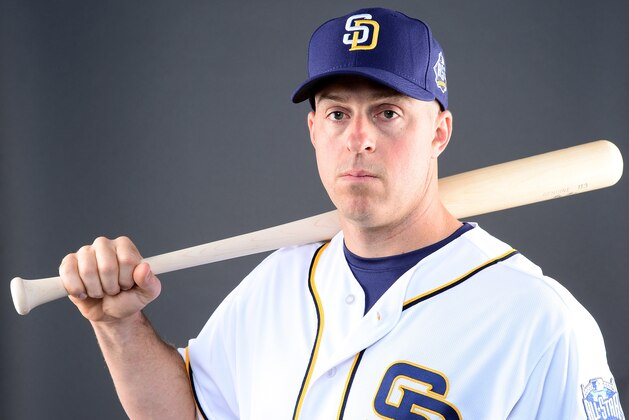 PEORIA, AZ - FEBRUARY 26:  Catcher Erik Kratz #11 of the San Diego Padres poses for a portrait during spring training photo day at Peoria Sports Complex on February 26, 2016 in Peoria, Arizona.  (Photo by Jennifer Stewart/Getty Images)