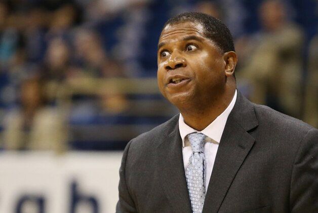 Dec 13, 2015; Pittsburgh, PA, USA; Morehead State Eagles head coach Sean Woods reacts to a call against the Pittsburgh Panthers during the first half at the Petersen Events Center. PITT won 72-62. Mandatory Credit: Charles LeClaire-USA TODAY Sports