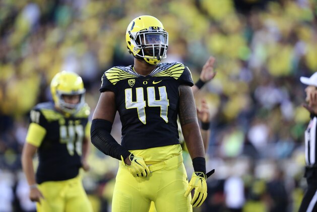 Oregon defensive lineman DeForest Buckner (44) is seen during the second half of an NCAA college football game against Eastern Washington Saturday, Sept. 5, 2015, in Eugene, Ore. (AP Photo/Ryan Kang)