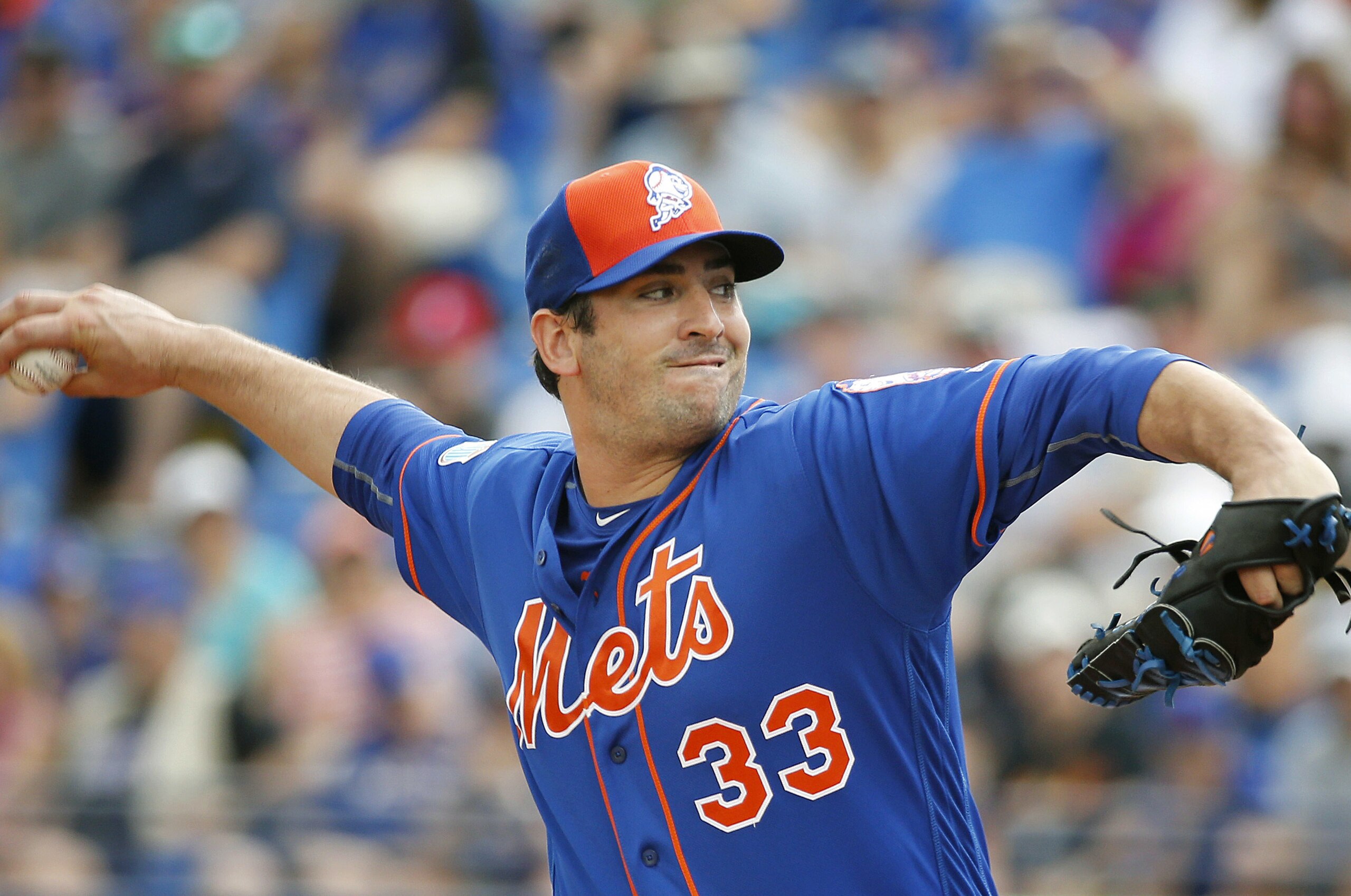 New York Mets' starting pitcher Matt Harvey throws during the first inning of an exhibition spring training baseball game against the Houston Astros, Thursday, March 24, 2016, in Port St. Lucie, Fla. (AP Photo/Brynn Anderson)