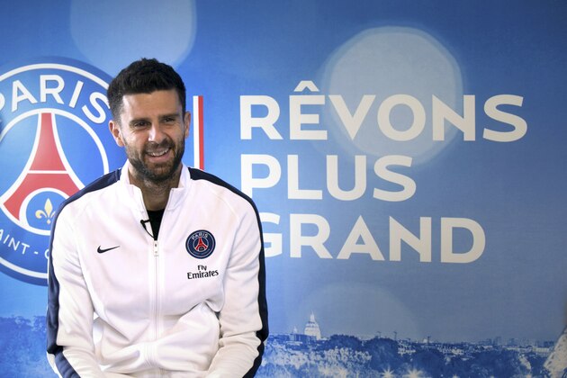 Paris Saint-Germain's midfielder Thiago Motta is pictured during an interview at the club's training centre of the Camp des Loges on February 4, 2016 in Saint-Germain-en-Laye, outside Paris. / AFP / Geoffroy Van der Hasselt        (Photo credit should read GEOFFROY VAN DER HASSELT/AFP/Getty Images)