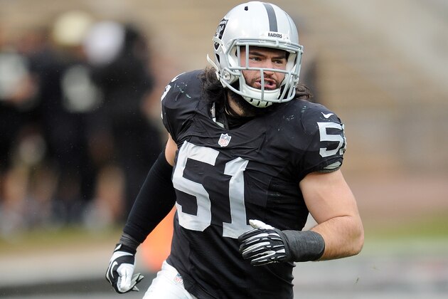 Oakland Raiders safety linebacker (51) Ben Heeney reacts after a Raiders sack of Green Bay Packers quarterback (12) Aaron Rodgers during a game played at O.co Coliseum in Oakland on Sunday, Dec. 20, 2015. (AP Photo/John Cordes)