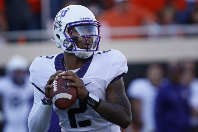 STILLWATER, OK - NOVEMBER 7:  Quarterback Trevone Boykin #2 of the TCU Horned Frogs looks to pass against the Oklahoma State Cowboys November 7, 2015 at Boone Pickens Stadium in Stillwater, Oklahoma. The Cowboys defeated the Horned Frogs 49-29. (Photo by Brett Deering/Getty Images)