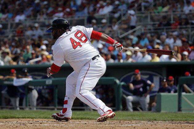 Boston Red Sox's Pablo Sandoval swings during a spring training baseball game against the Minnesota Twins in Fort Myers, Fla., Wednesday, March 2, 2016. (AP Photo/Patrick Semansky)