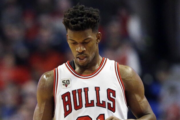 Chicago Bulls guard/forward Jimmy Butler reacts after missing a basket during the first half of an NBA basketball game against the Dallas Mavericks, Friday, Jan. 15, 2016, in Chicago. (AP Photo/Nam Y. Huh)