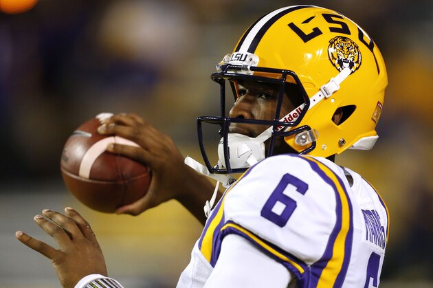 LSU quarterback Brandon Harris (6) warms up before an NCAA college football game against Texas A&M in Baton Rouge, La., Saturday, Nov. 28, 2015. (AP Photo/Jonathan Bachman)