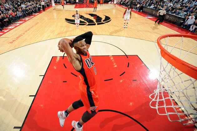 TORONTO, CANADA - MARCH 28: Russell Westbrook #0 of the Oklahoma City Thunder goes for the dunk during the game against the Toronto Raptors on March 28, 2016 at the Air Canada Centre in Toronto, Ontario, Canada.  NOTE TO USER: User expressly acknowledges and agrees that, by downloading and or using this Photograph, user is consenting to the terms and conditions of the Getty Images License Agreement.  Mandatory Copyright Notice: Copyright 2016 NBAE (Photo by Ron Turenne/NBAE via Getty Images)