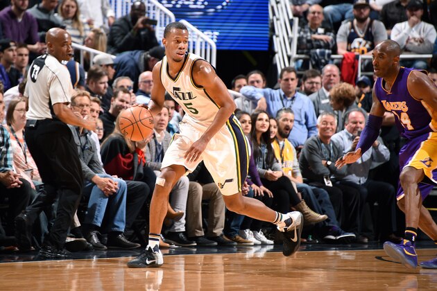 SALT LAKE CITY, UT - MARCH 28: Rodney Hood #5 of the Utah Jazz handles the ball during the game against the Los Angeles Lakers on March 28, 2016 at EnergySolutions Arena in Salt Lake City, Utah. NOTE TO USER: User expressly acknowledges and agrees that, by downloading and or using this Photograph, User is consenting to the terms and conditions of the Getty Images License Agreement. Mandatory Copyright Notice: Copyright 2016 NBAE (Photo by Andrew D. Bernstein/NBAE via Getty Images)