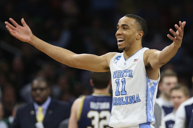 PHILADELPHIA, PA - MARCH 27:  Brice Johnson #11 of the North Carolina Tar Heels reacts in the second half against the Notre Dame Fighting Irish during the 2016 NCAA Men's Basketball Tournament East Regional Final at Wells Fargo Center on March 27, 2016 in Philadelphia, Pennsylvania.  (Photo by Streeter Lecka/Getty Images)