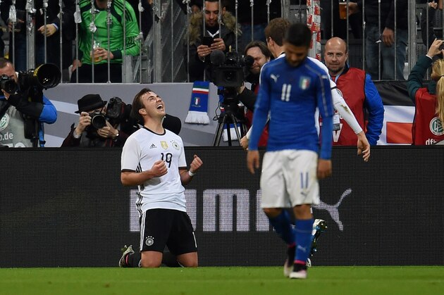 MUNICH, GERMANY - MARCH 29:  Mario Gotze of Germany (L) celebrates after scoring the second goal during the international friendly match between Germany and Italy  at Allianz Arena on March 29, 2016 in Munich, Germany.  (Photo by Claudio Villa/Getty Images)