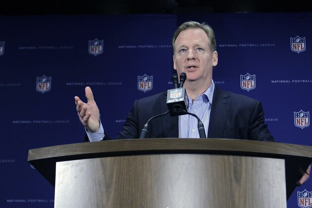 NFL Commissioner Roger Goodell gestures during a press conference at the NFL owners meeting in Boca Raton, Fla., Wednesday, March 23, 2016. (AP Photo/Luis M. Alvarez)
