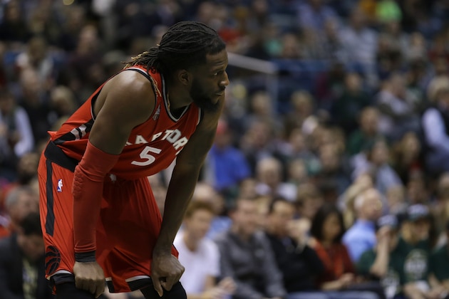 Toronto Raptors' DeMarre Carroll during an NBA basketball game against the Milwaukee Bucks Saturday, Dec. 26, 2015, in Milwaukee. (AP Photo/Aaron Gash)