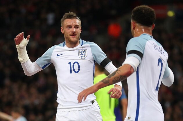 LONDON, ENGLAND - MARCH 29:  Jamie Vardy (n10) of England celebrates scoring the opening goal with Kyle Walker during the International Friendly match between England and Netherlands at Wembley Stadium on March 29, 2016 in London, England.  (Photo by Julian Finney/Getty Images)