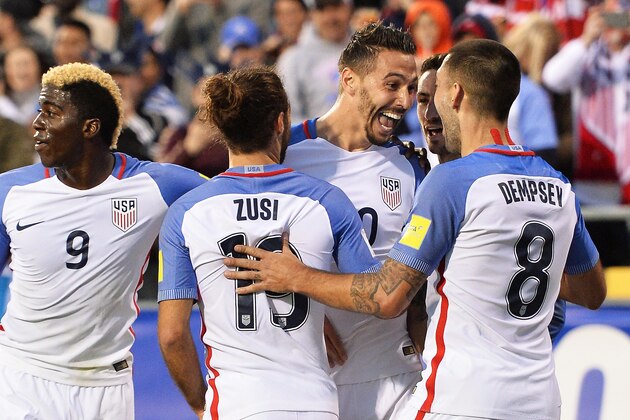COLUMBUS, OH - MARCH 29:  Geoff Cameron #20 of the United States Men's National Team celebrates his first half goal against Guatemala with Graham Zusi #19 of the United States Men's National Team and Clint Dempsey #8 of the United States Men's National Team during the FIFA 2018  World Cup qualifier on March 29, 2016 at MAPFRE Stadium in Columbus, Ohio.  (Photo by Jamie Sabau/Getty Images)
