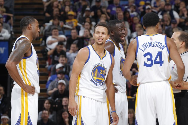 SACRAMENTO, CA - NOVEMBER 7: Andre Iguodala #9, Stephen Curry #30, Draymond Green #23 and Shaun Livingston #34 face the Sacramento Kings on November 7, 2015 at Sleep Train Arena in Sacramento, California. NOTE TO USER: User expressly acknowledges and agrees that, by downloading and or using this photograph, User is consenting to the terms and conditions of the Getty Images Agreement. Mandatory Copyright Notice: Copyright 2015 NBAE (Photo by Rocky Widner/NBAE via Getty Images)