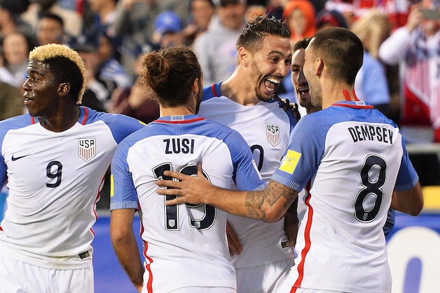 COLUMBUS, OH - MARCH 29:  Geoff Cameron #20 of the United States Men's National Team celebrates his first half goal against Guatemala with Graham Zusi #19 of the United States Men's National Team and Clint Dempsey #8 of the United States Men's National Team during the FIFA 2018  World Cup qualifier on March 29, 2016 at MAPFRE Stadium in Columbus, Ohio.  (Photo by Jamie Sabau/Getty Images)