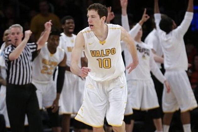 Valparaiso's David Skara (10) reacts after making a three point basket during the second half of an NCAA basketball game against BYU in the semifinals of the NIT on Tuesday, March 29, 2016, in New York. Valparaiso won 72-70. (AP Photo/Frank Franklin II)