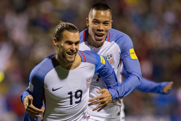 Mar 29, 2016; Columbus, OH, USA; United States midfielder Graham Zusi (19) celebrates his goal with forward Bobby Wood (7) in the second half of the game against Guatemala during the semifinal round of the 2018 FIFA World Cup qualifying soccer tournament at MAPFRE Stadium. The United States beats Guatemala by the score of 4-0. Mandatory Credit: Trevor Ruszkowski-USA TODAY Sports