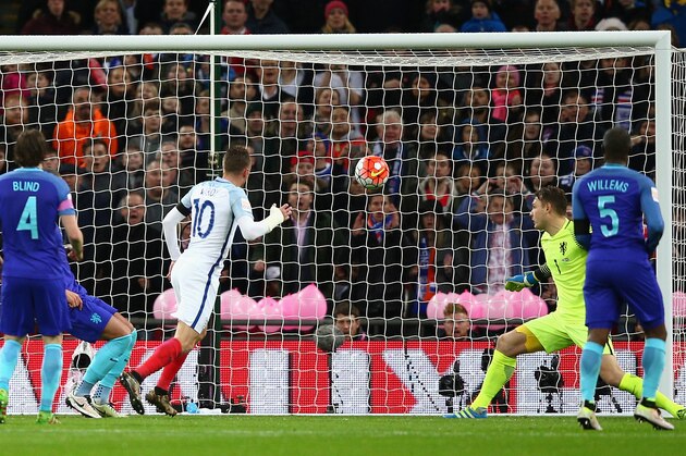 LONDON, ENGLAND - MARCH 29:  Jamie Vardy (c) of England scores the opening goal past Jeroen Zoet goalkeeper of the Netherlands (2nd r) during the International Friendly match between England and Netherlands at Wembley Stadium on March 29, 2016 in London, England.  (Photo by Paul Gilham/Getty Images)