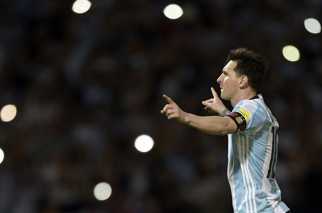 Argentina's Lionel Messi celebrates after scoring against Bolivia during their Russia 2018 FIFA World Cup South American Qualifiers' football match in Cordoba, Argentina, on March 29, 2016.    AFP PHOTO / JUAN MABROMATA / AFP / JUAN MABROMATA        (Photo credit should read JUAN MABROMATA/AFP/Getty Images)