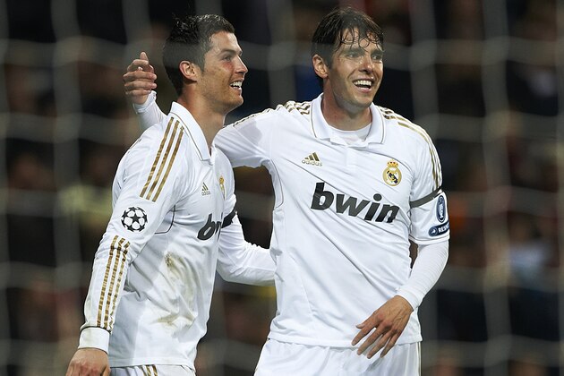 MADRID, SPAIN - APRIL 04:  Cristiano Ronaldo (L) of Real Madrid celebrates after scoring with his teammate Kaka during the UEFA Champions League quarter-final second leg match between Real Madrid and APOEL FC at Bernabeu on April 4, 2012 in Madrid, Spain.  (Photo by Manuel Queimadelos Alonso/Getty Images)