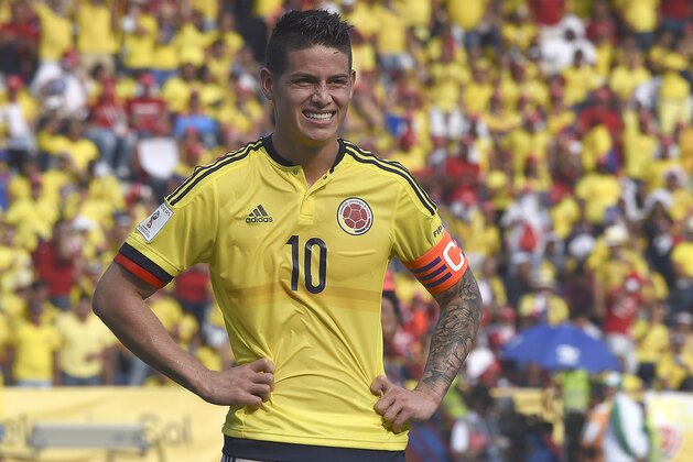 Colombia's James Rodriguez is pictured during the Russia 2018 FIFA World Cup South American Qualifiers' football match against Ecuador in Barranquilla, Colombia, on March 29, 2016.   AFP PHOTO / LUIS ACOSTA / AFP / LUIS ACOSTA        (Photo credit should read LUIS ACOSTA/AFP/Getty Images)