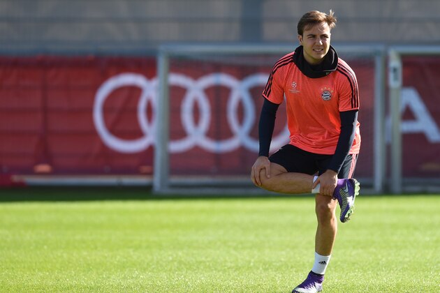 Bayern Munich's midfielder Mario Goetze attends the last team trainings session one day before the Champions League last 16, first-leg match between Juventus Turin and Bayern Munich at the trainings field in Munich, southern Germany, on February 22, 2016. / AFP / CHRISTOF STACHE        (Photo credit should read CHRISTOF STACHE/AFP/Getty Images)