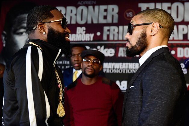 WASHINGTON, DC - FEBRUARY 29:  Adrien Broner (L) and Ashely Theophane go face to face during a press conference to announce the fight between Adrien Broner and Ashely Theophane at W Hotel Washington DC on February 29, 2016 in Washington, DC.  (Photo by Patrick McDermott/Getty Images)