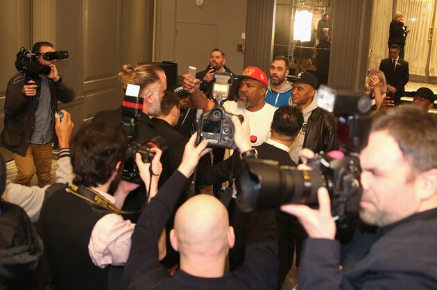 LONDON, ENGLAND - MARCH 30:  Shannon Briggs of the USA interrupts proceedings during a David Haye press conference at Grosvenor House, on March 30, 2016 in London, England.  (Photo by Andrew Redington/Getty Images)