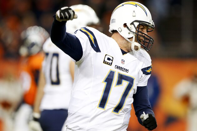 San Diego Chargers quarterback Philip Rivers celebrates after wide receiver Tyrell Williams scored during the second half in an NFL football game against the Denver Broncos, Sunday, Jan. 3, 2016, in Denver. (AP Photo/David Zalubowski)